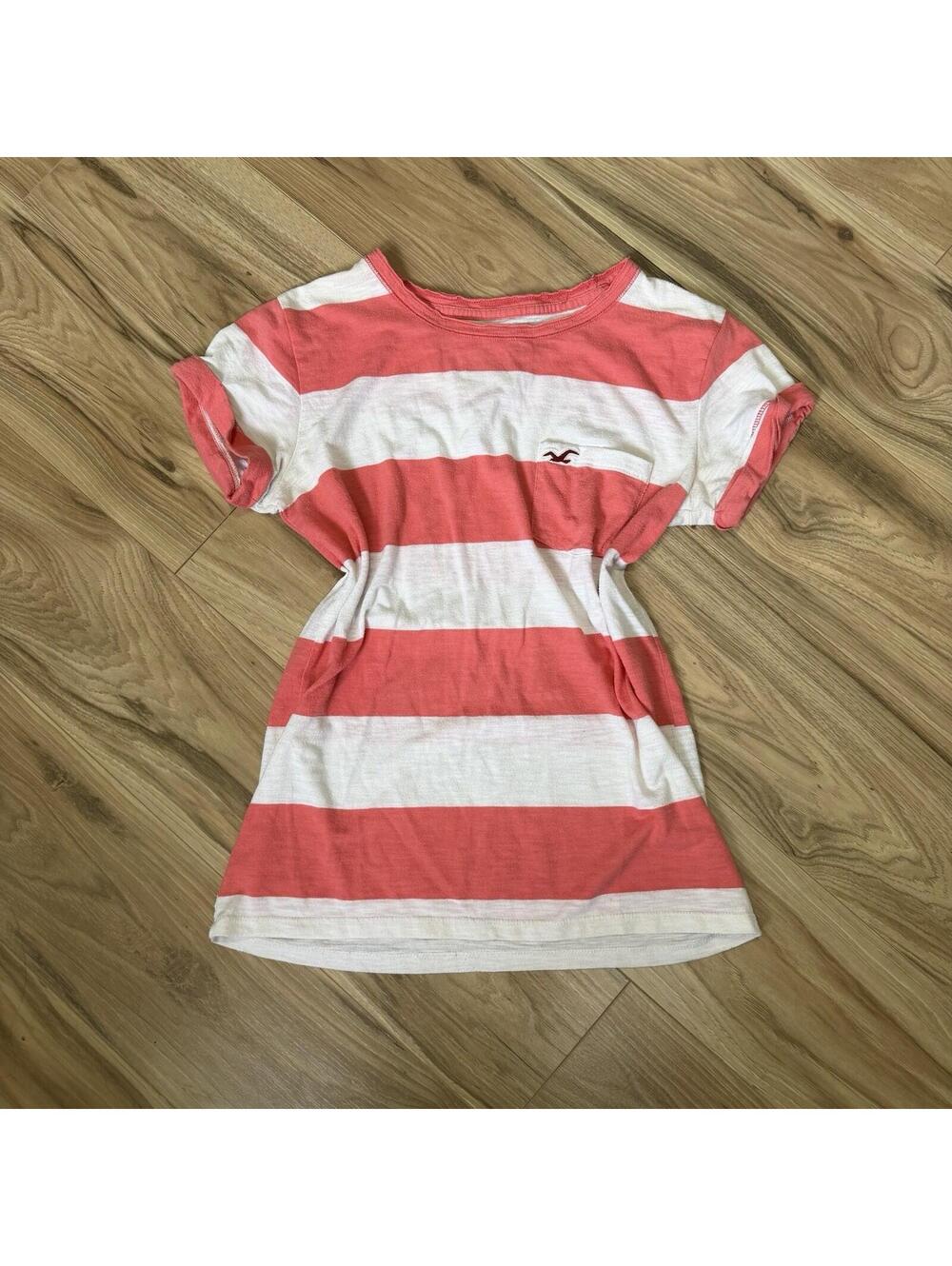 Hollister Y2K Coral White Block Stripe Pocket Tee Short Sleeve Seagull Logo S